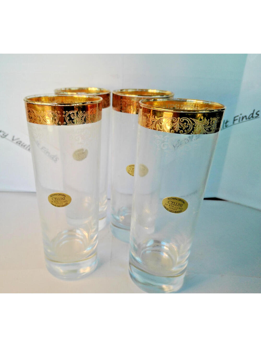 4 Cellini Hand Blown Crystal tall highball glassware 24k gold band rim used